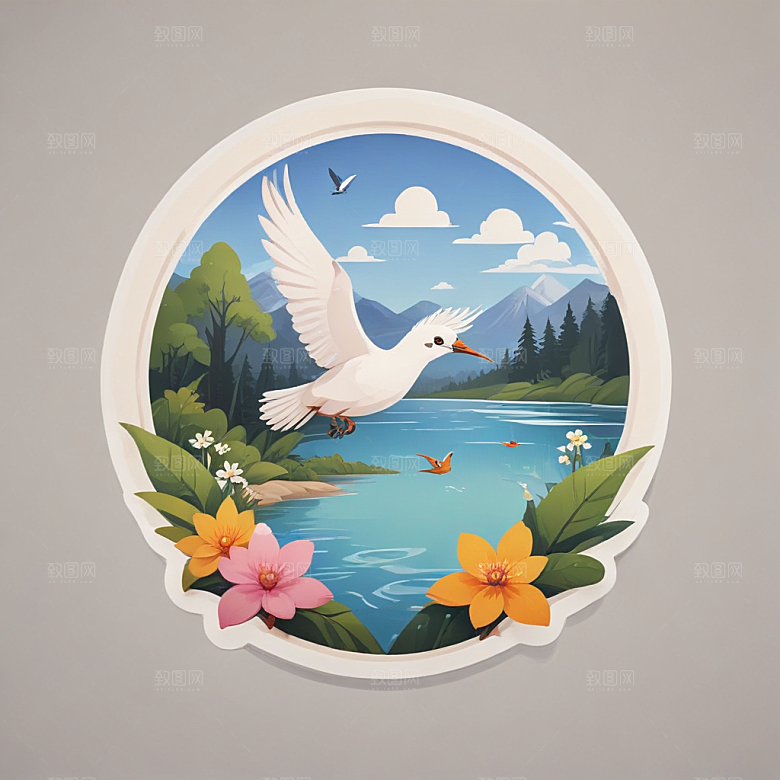 C形构图花鸟湖泊自然景致图片