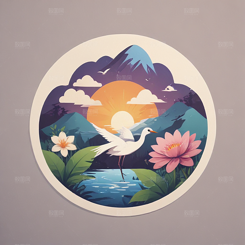 C形构图花鸟湖泊自然景致图片