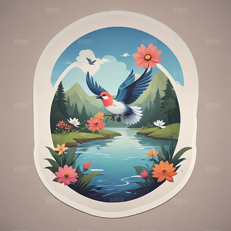 C形构图花鸟湖泊自然景致图片