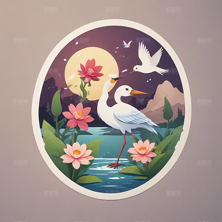 C形构图花鸟湖泊自然景致图片