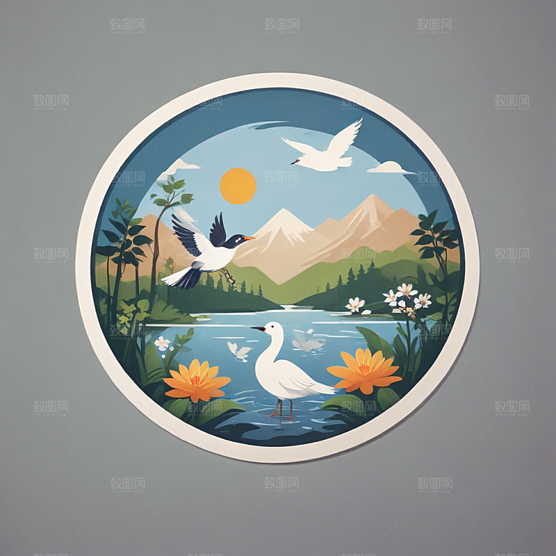 C形构图花鸟湖泊自然景致图片