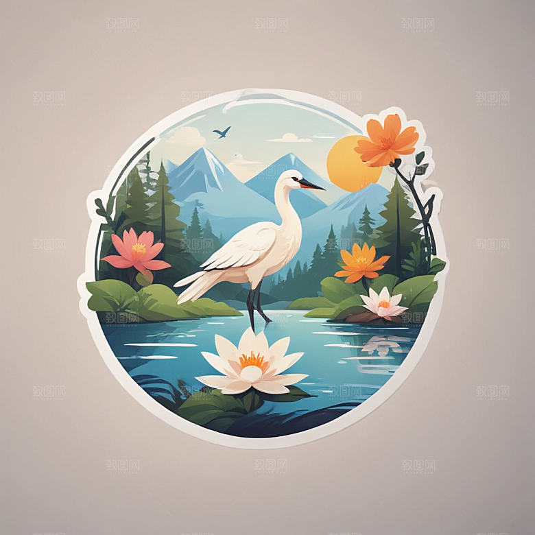 C形构图花鸟湖泊自然景致图片