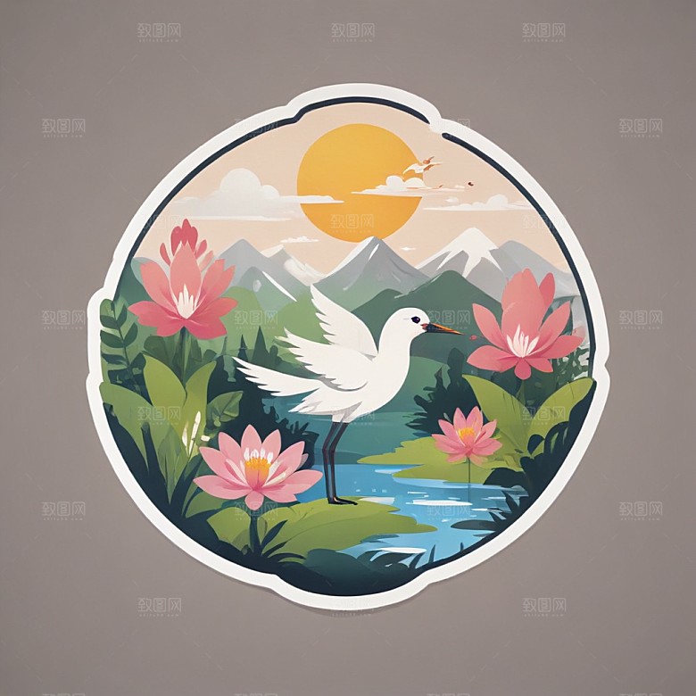 C形构图花鸟湖泊自然景致图片