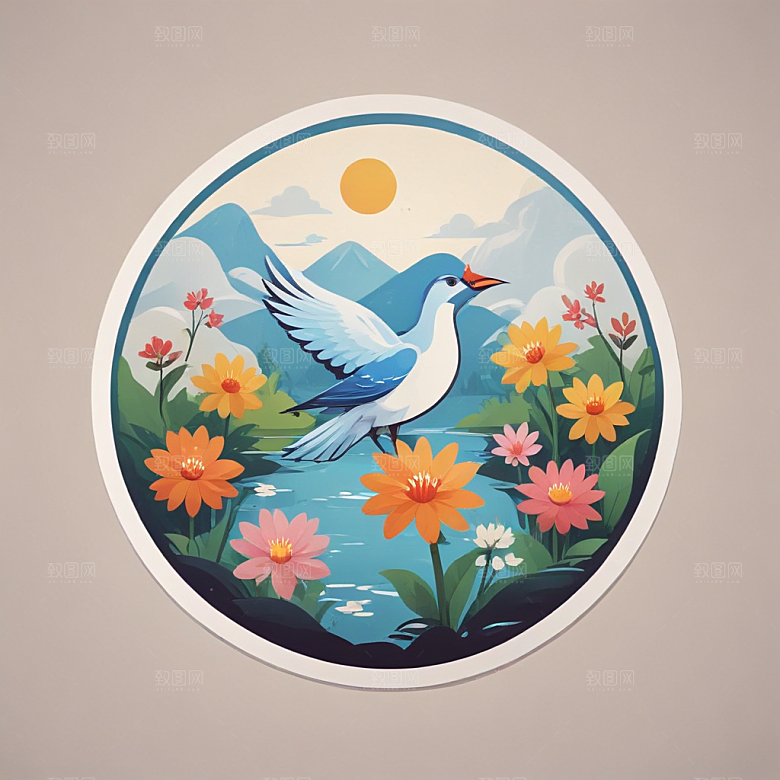 C形构图花鸟湖泊自然景致图片