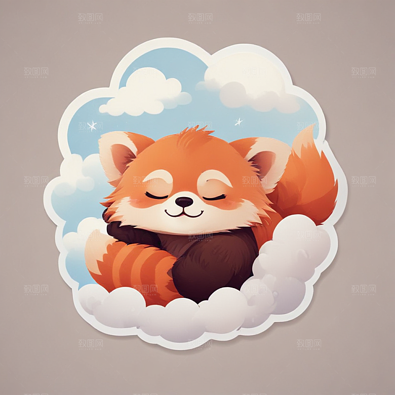 蓝背景简约风格可爱红熊猫云朵睡眠图片