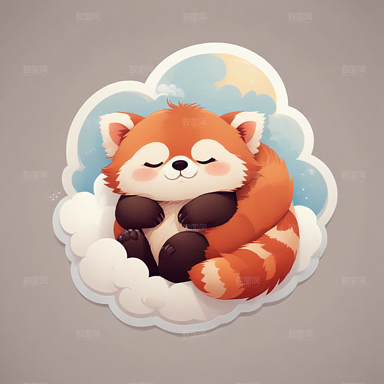 蓝背景简约风格可爱红熊猫云朵睡眠图片