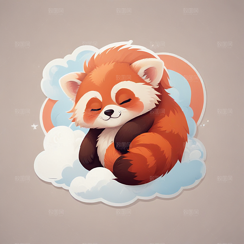 蓝背景简约风格可爱红熊猫云朵睡眠图片