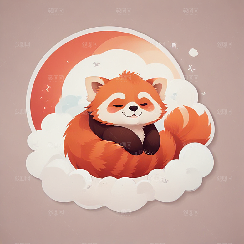 蓝背景简约风格可爱红熊猫云朵睡眠图片