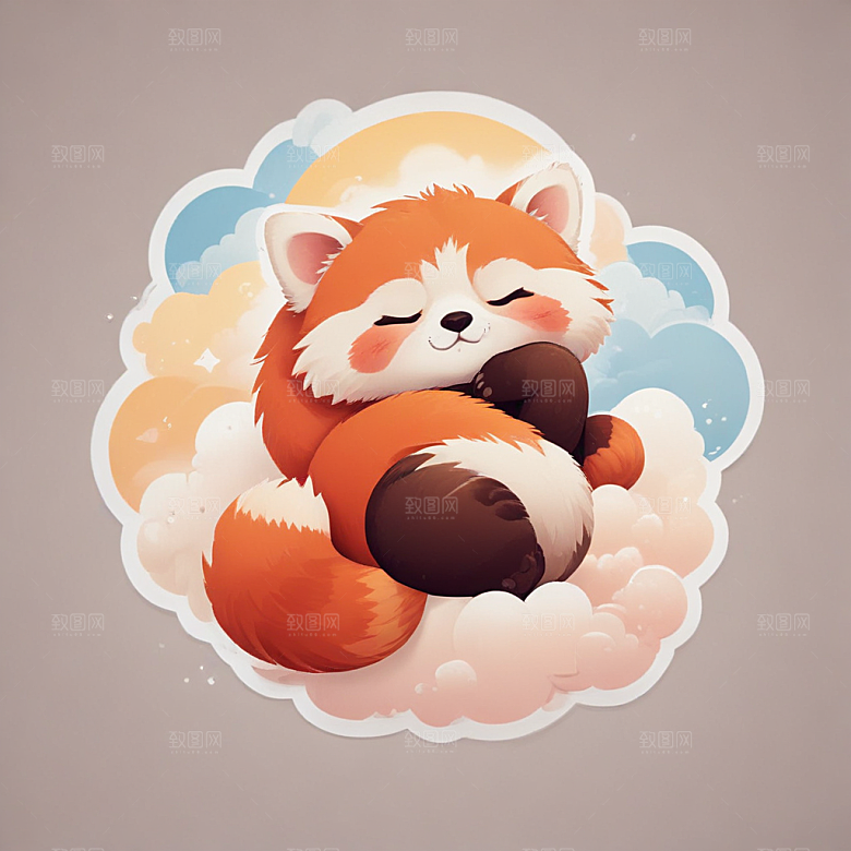 蓝背景简约风格可爱红熊猫云朵睡眠图片