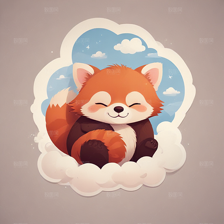 蓝背景简约风格可爱红熊猫云朵睡眠图片