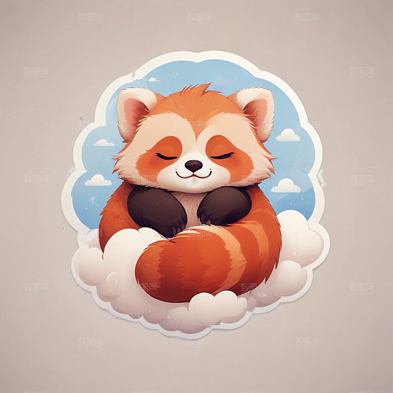 蓝背景简约风格可爱红熊猫云朵睡眠图片