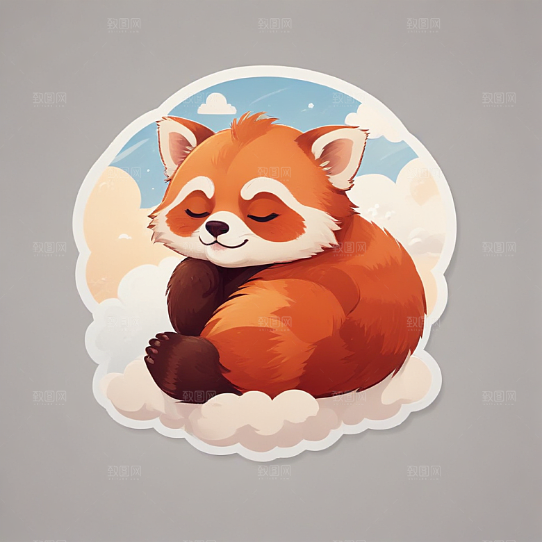 蓝背景简约风格可爱红熊猫云朵睡眠图片