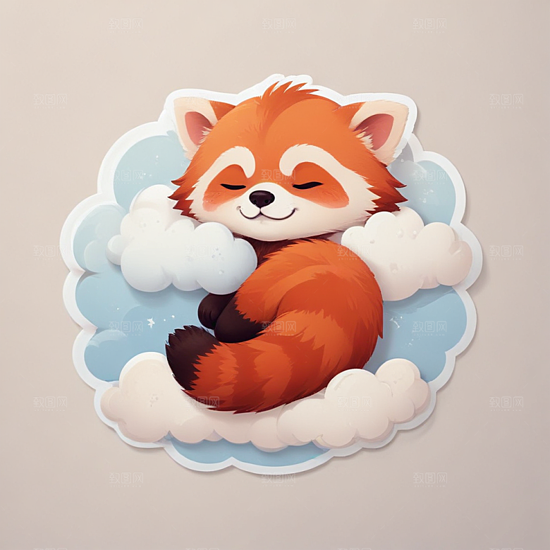 蓝背景简约风格可爱红熊猫云朵睡眠图片