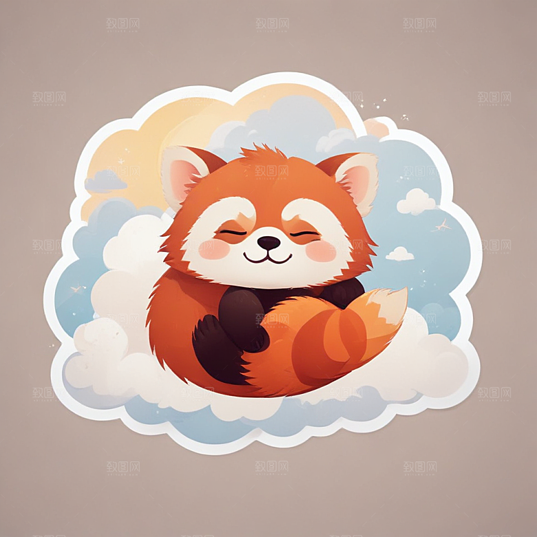 蓝背景简约风格可爱红熊猫云朵睡眠图片