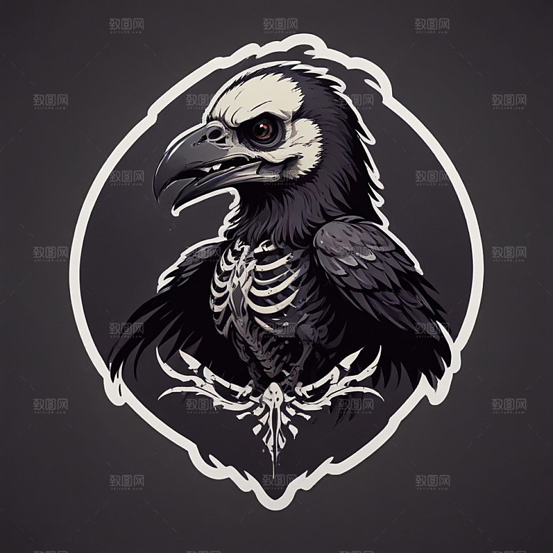 黑白插画：可爱大眼乌鸦插画图片