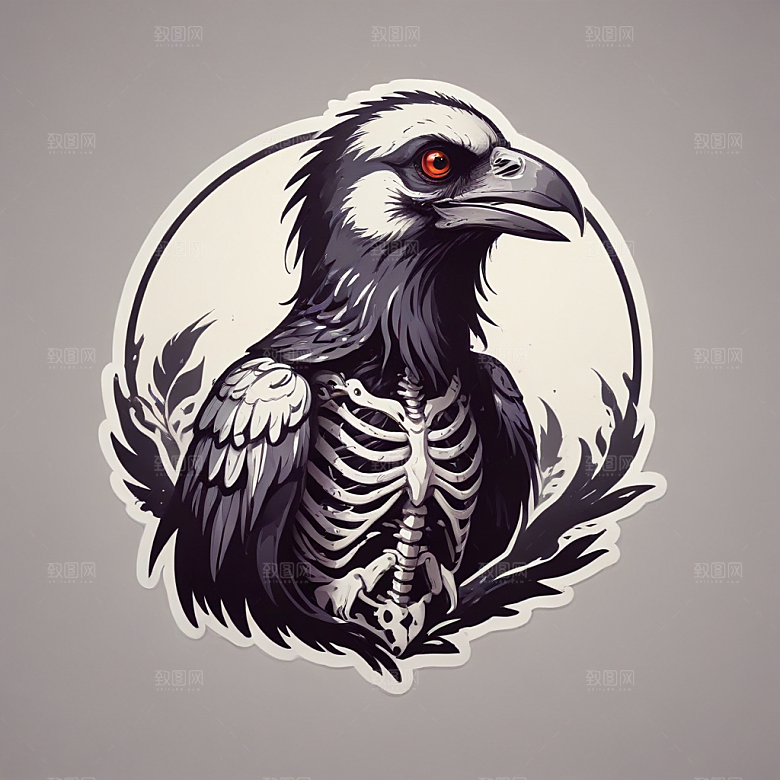 黑白插画：可爱大眼乌鸦插画图片