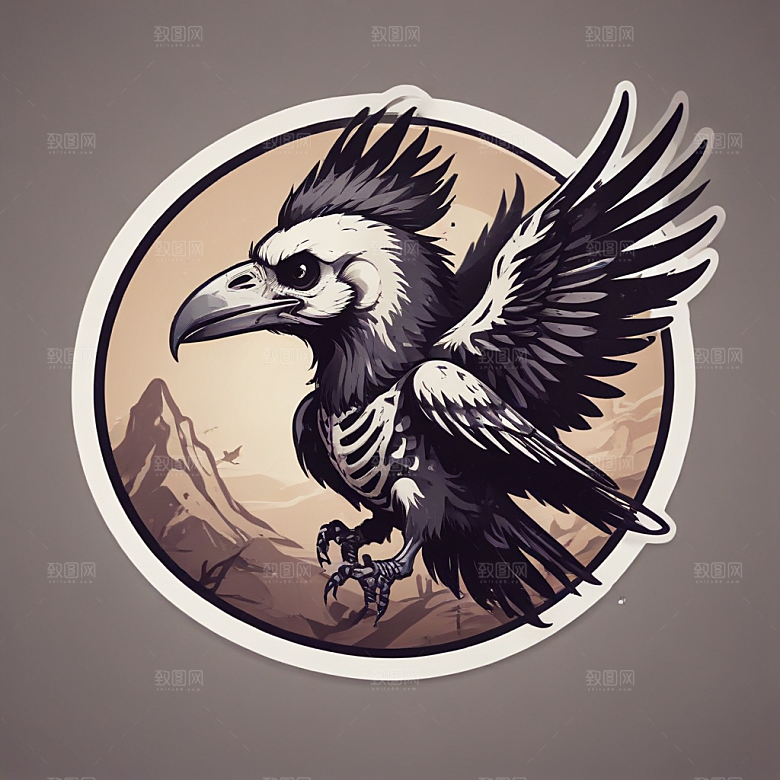 黑白插画：可爱大眼乌鸦插画图片