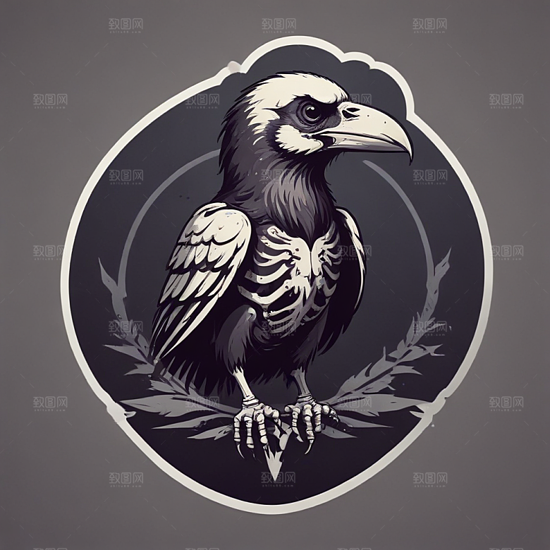 黑白插画：可爱大眼乌鸦插画图片