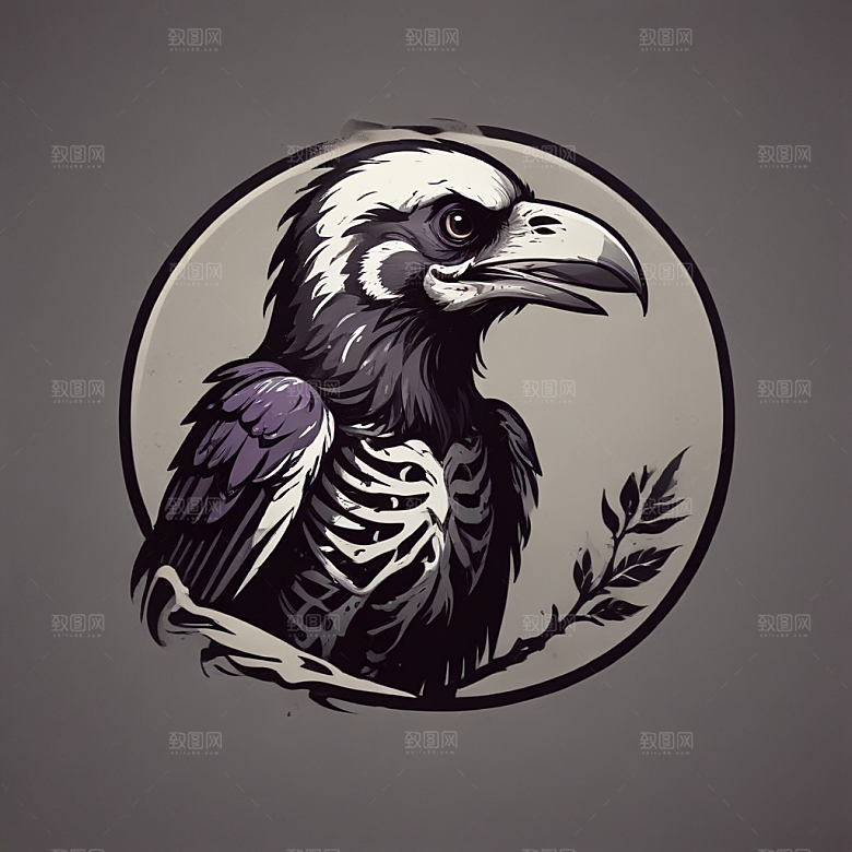 黑白插画：可爱大眼乌鸦插画图片