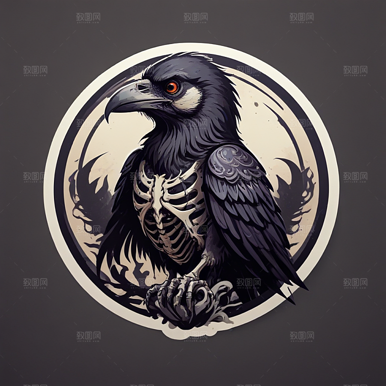 黑白插画：可爱大眼乌鸦插画图片