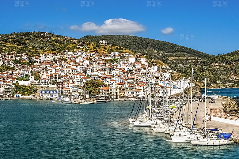 高清海景海滩沙滩海边大海蓝色海岸海滨小镇
