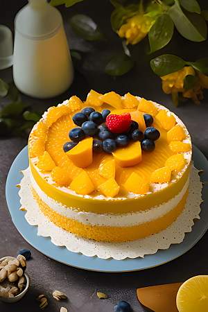 蛋糕芒果一块轻盈的芝士蛋糕上面铺满
