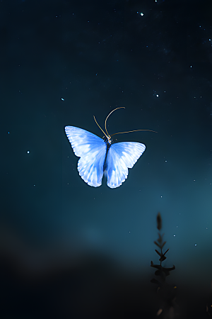 蝴蝶翅膀上拥有宇宙星空的图案飞舞中散