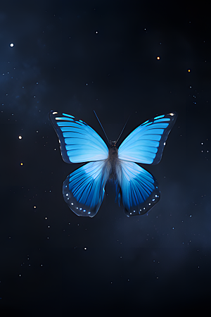 蝴蝶翅膀上拥有宇宙星空的图案飞舞中散