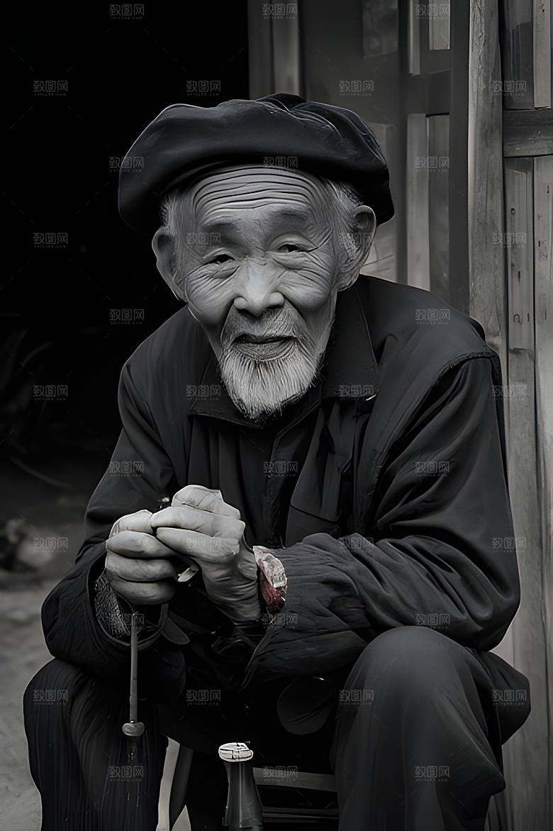 一位老者坐在小板凳上抽着烟袋烟袋正