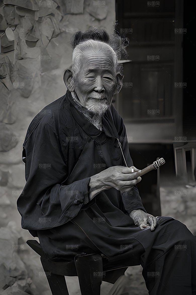 一位老者坐在小板凳上抽着烟袋烟袋正