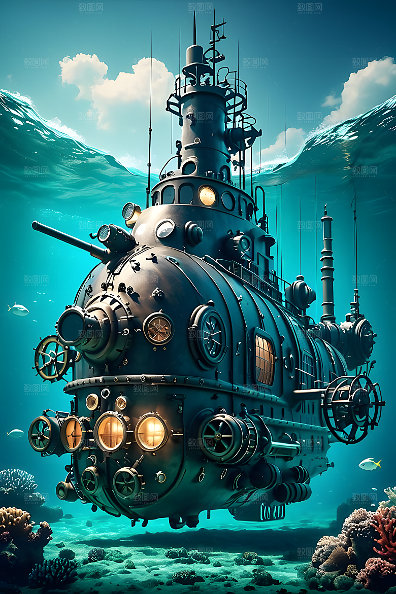 海下的机械潜水艇柴油朋克风机械