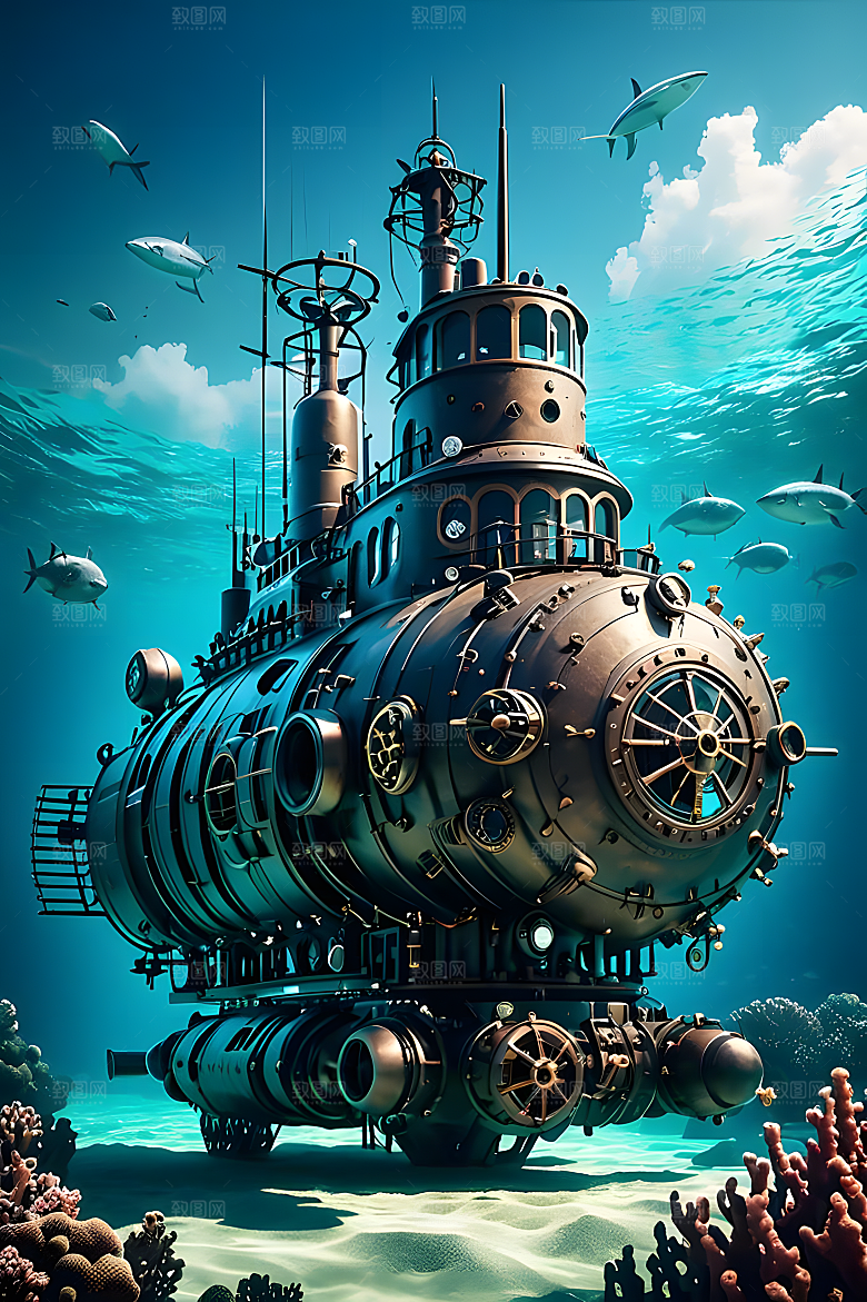 海下的机械潜水艇柴油朋克风机械