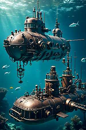 海下的机械潜水艇柴油朋克风机械