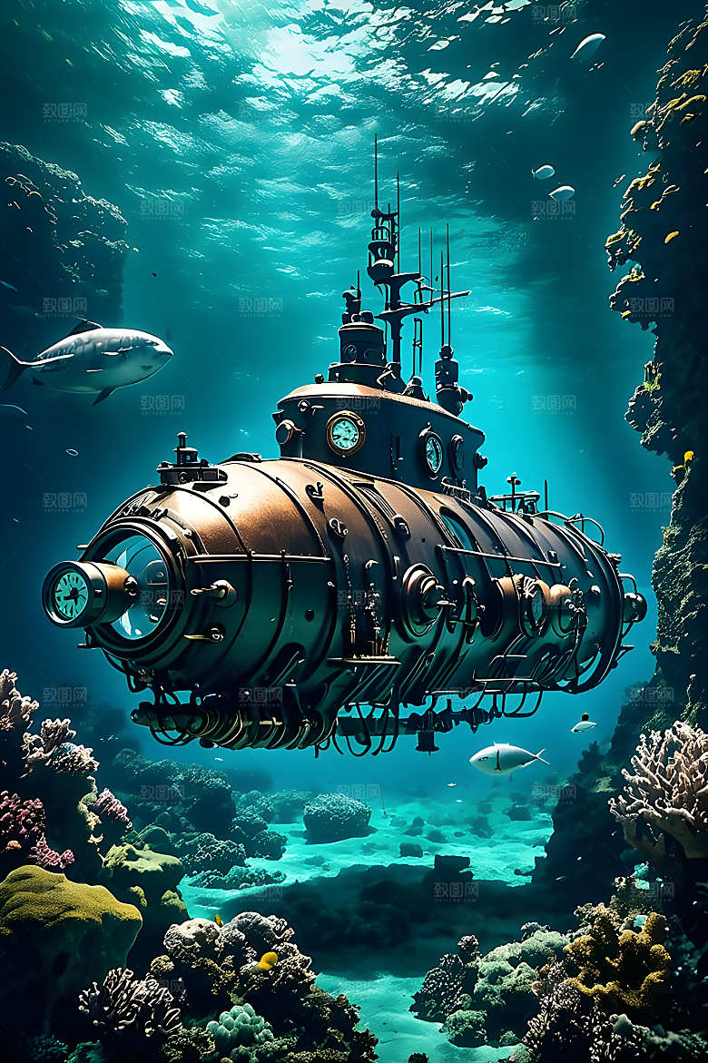 海下的机械潜水艇柴油朋克风机械
