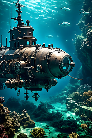 海下的机械潜水艇柴油朋克风机械