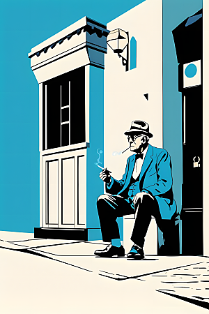 极简色块插画波普艺术街角抽烟的老绅