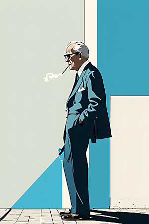 极简色块插画波普艺术街角抽烟的老绅