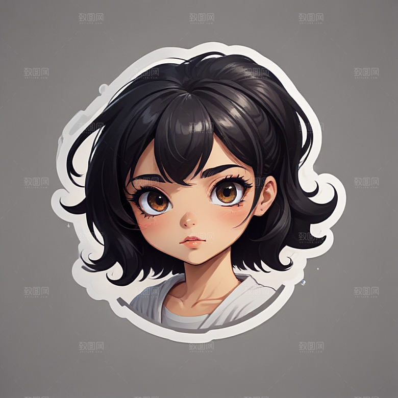 甜美插画黑发黑眼睛短发少女图片