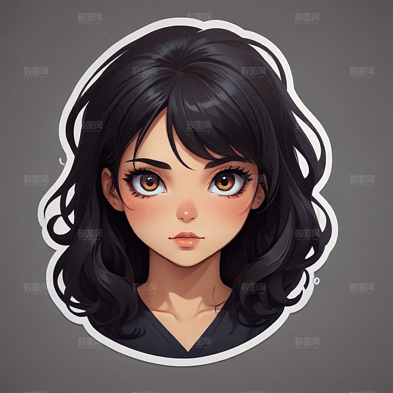 甜美插画黑发黑眼睛短发少女图片