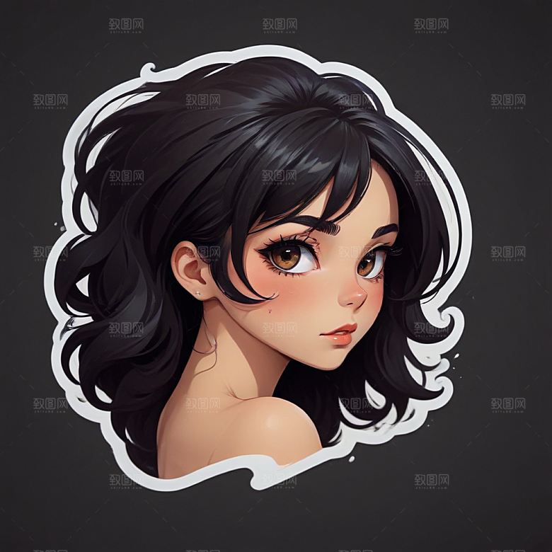 甜美插画黑发黑眼睛短发少女图片