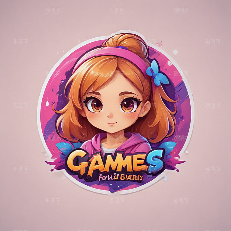 粉色日漫游戏女孩LOGO设计图片