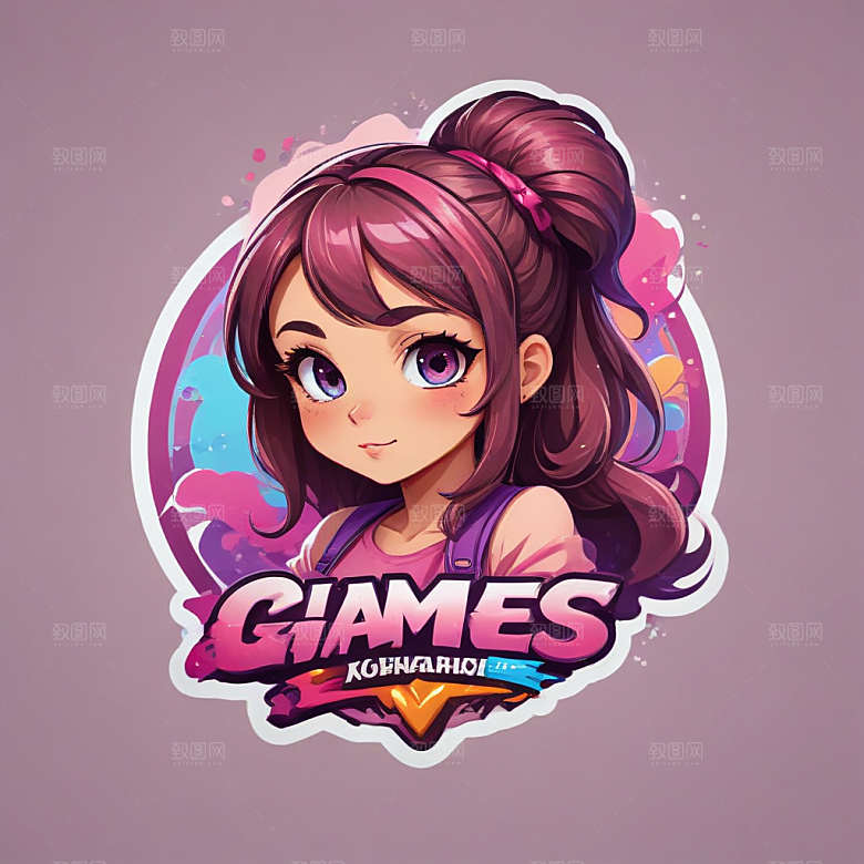 粉色日漫游戏女孩LOGO设计图片