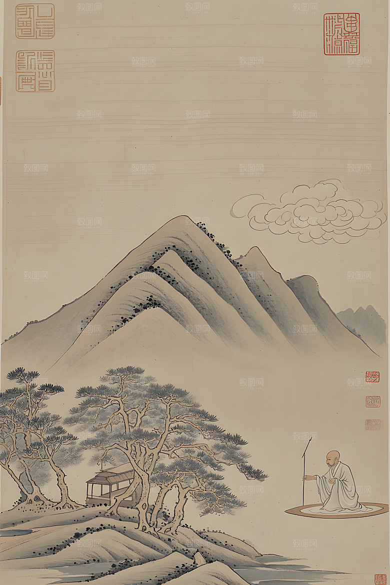 蕾丝中国传统的山水画淡白色背景浅灰