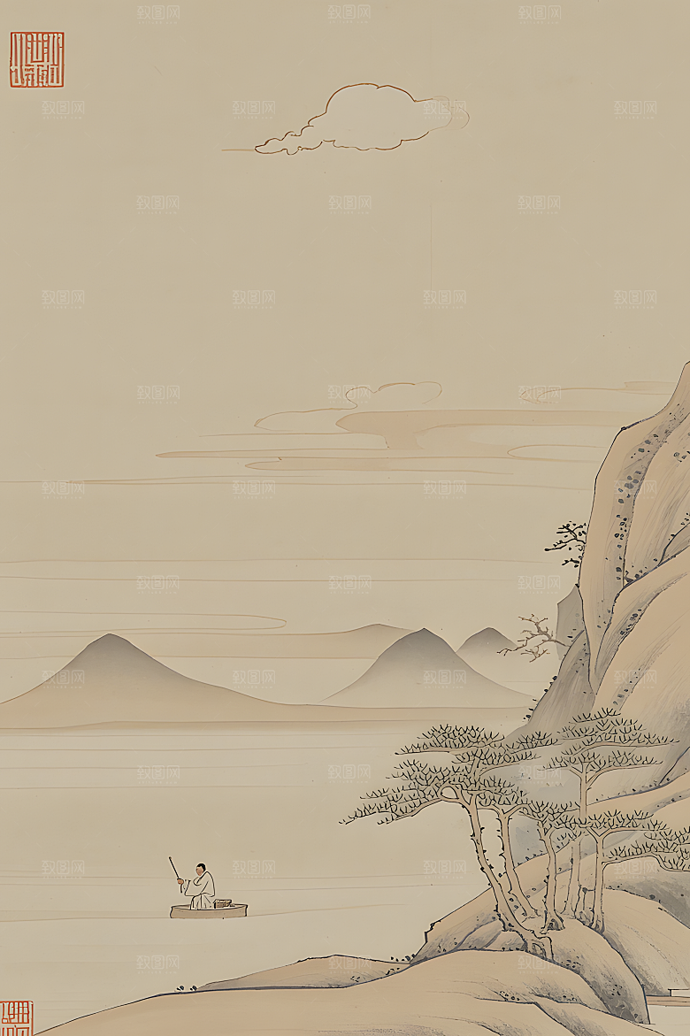 蕾丝中国传统的山水画淡白色背景浅灰