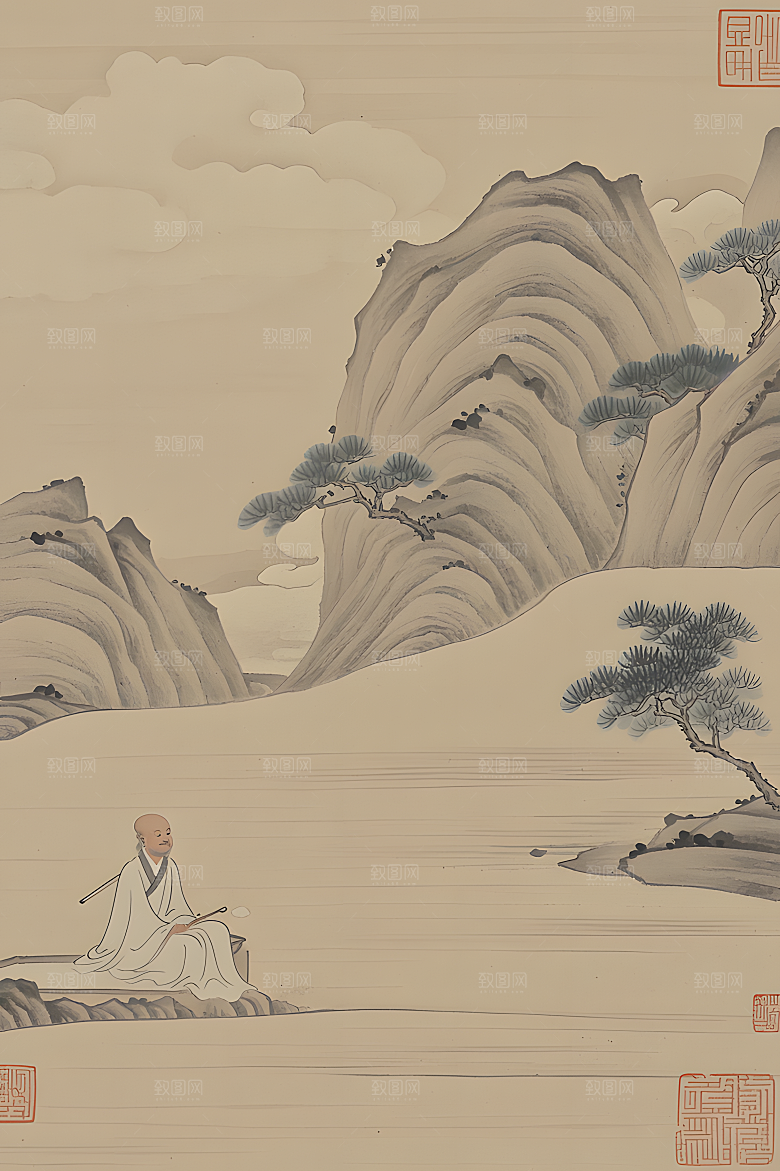 蕾丝中国传统的山水画淡白色背景浅灰