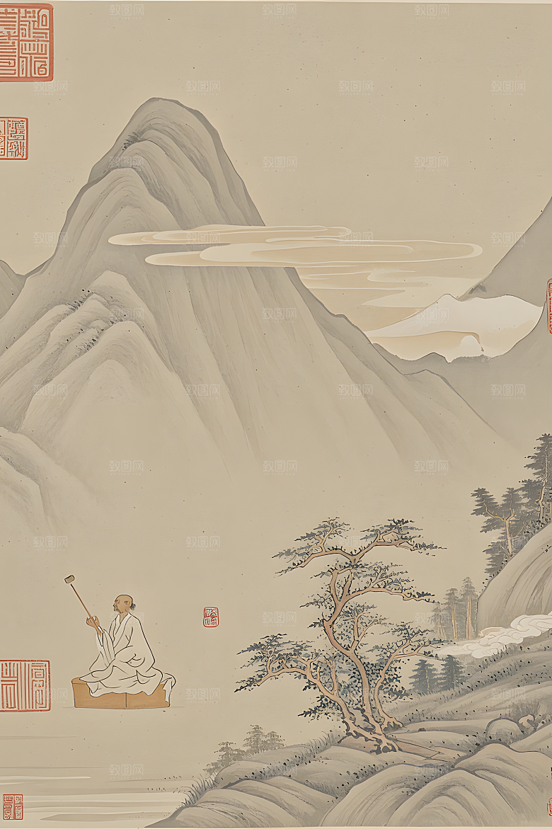 蕾丝中国传统的山水画淡白色背景浅灰