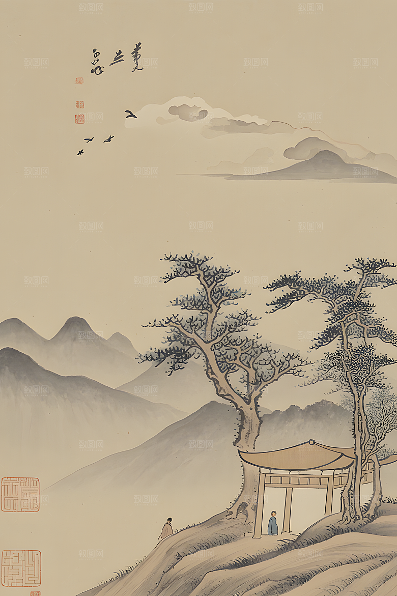 蕾丝中国传统的山水画淡白色背景浅灰