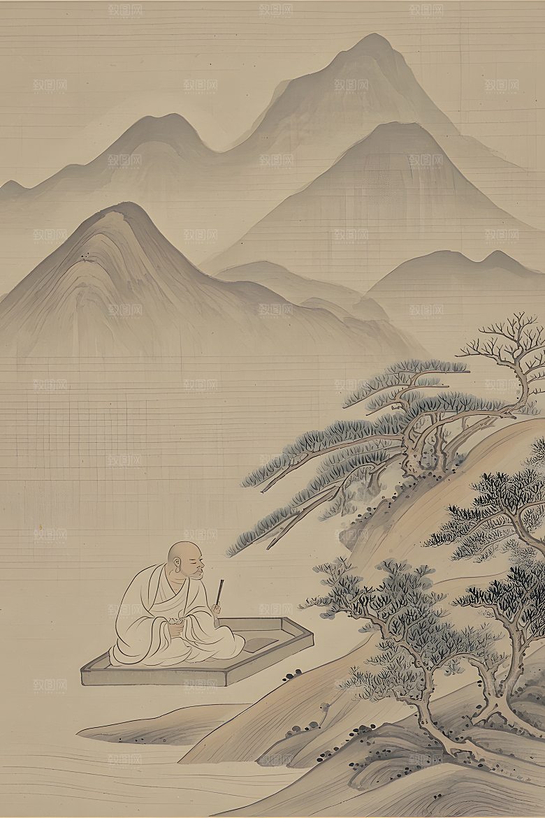 蕾丝中国传统的山水画淡白色背景浅灰