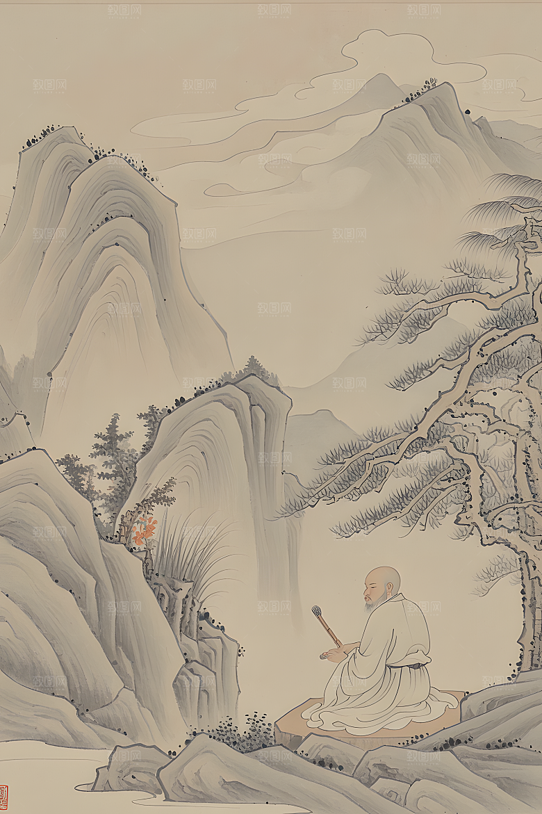 蕾丝中国传统的山水画淡白色背景浅灰