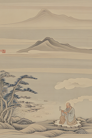 蕾丝中国传统的山水画淡白色背景浅灰